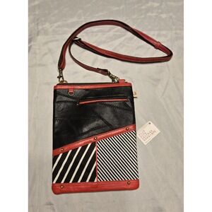 Leather Patchwork Purse Red Black White Adjustable Strap Zip Pockets Lined VIV